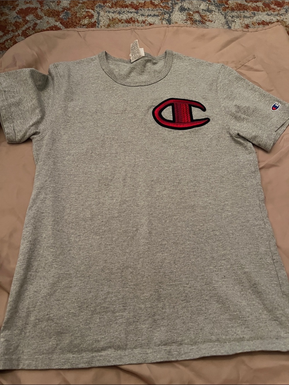 Champion Heather Gray Tee with Red Logo Patch